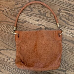 Stone Mountain Camel Brown Leather Scroll Embossed Shoulder Bag